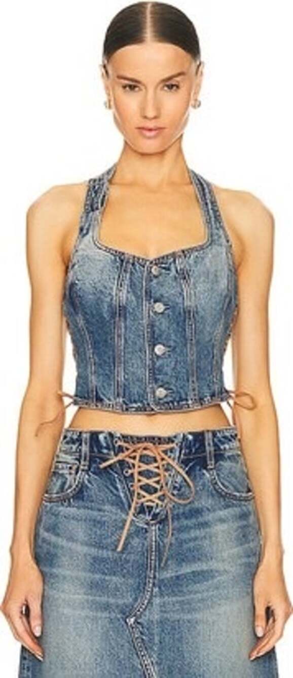GRLFRND Phoebe Blue Denim Suede Nashville Laced Halter Top Size Medium